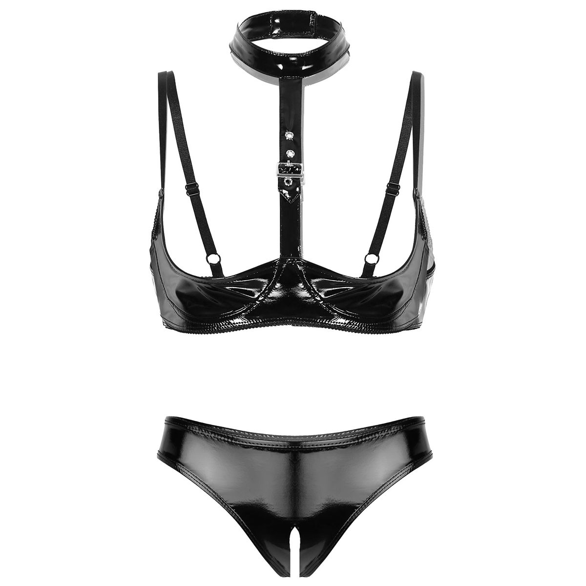 Bralette Triangle Set - Frauen Patent Leder Dessous Set Schwarz