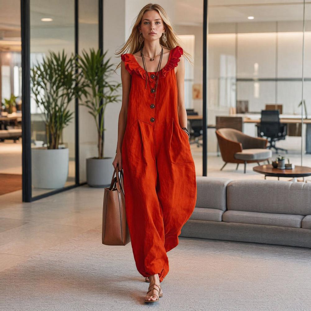 Jumpsuit Linen Relaxed - Damen-Overall, atmungsaktiv, entspannte Passform, Damen-Overall mit