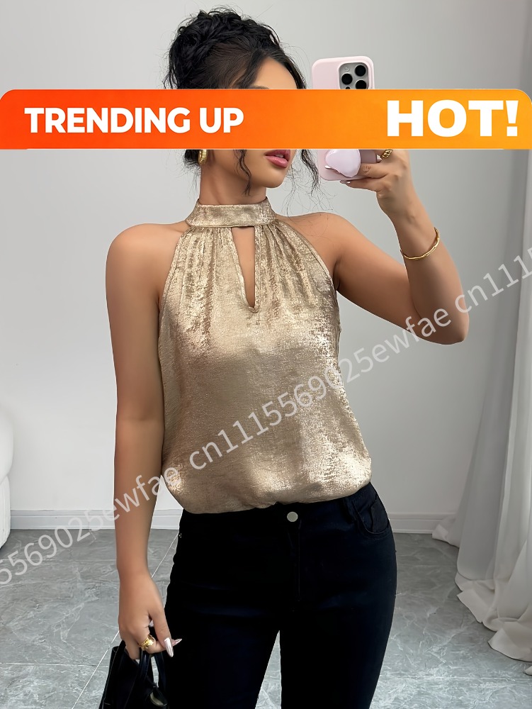 Blouse Off Shoulder - Champagner-Goldene Glänzende Neckholder-Bluse mit Schulterausschnitt und