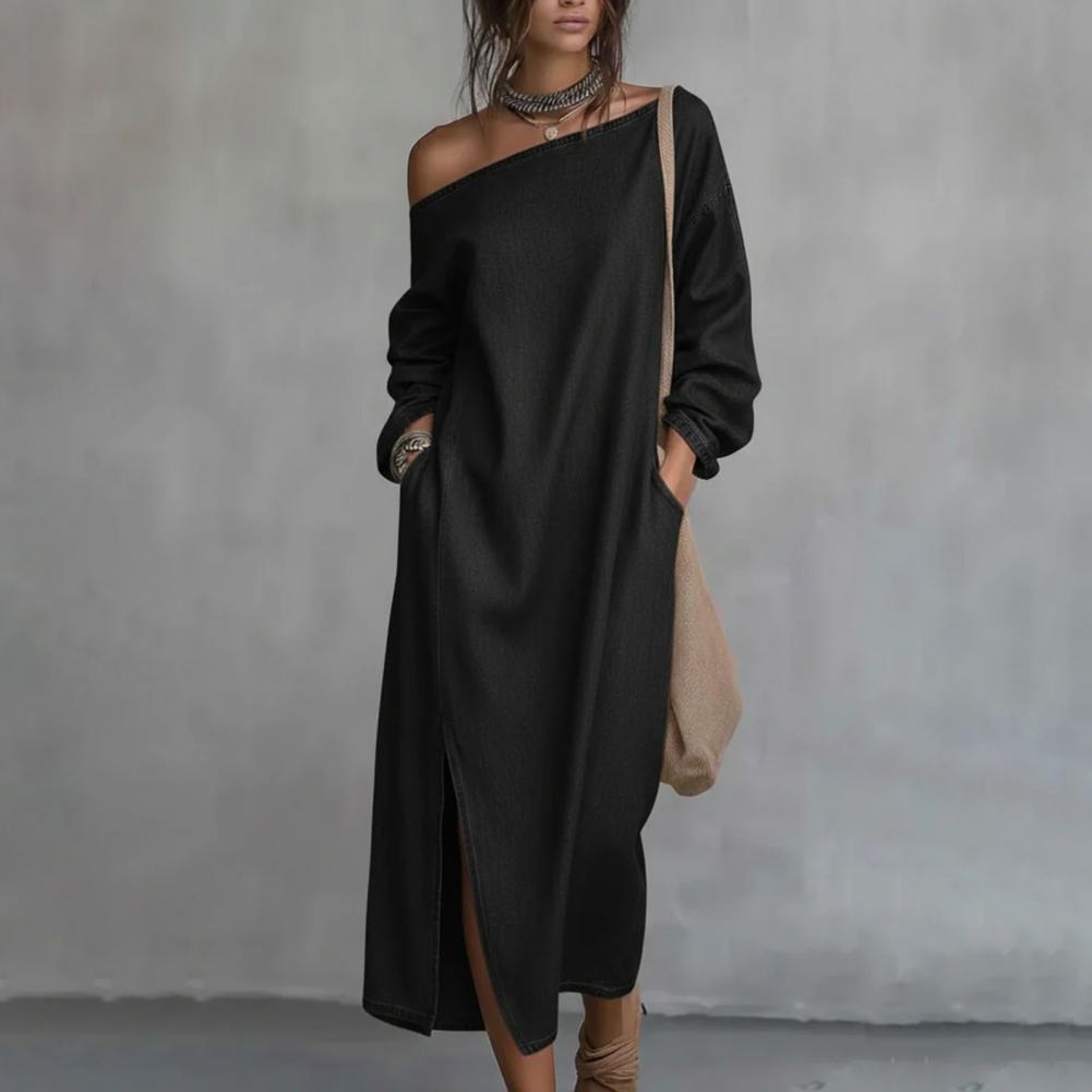 Linen Dress Wrap - Damen Ein-Schulter-Langarm-Maxikleid, Lässiges Baumwoll-Leinen-Langtunika-Kleid, Seitlich Geschlitztes