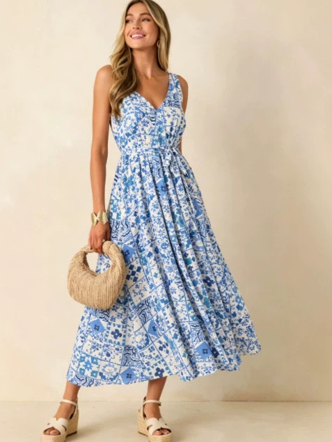 Linen Dress Wrap - Sommer 2026 Großformatiges Blumenmuster Damenkleid mit