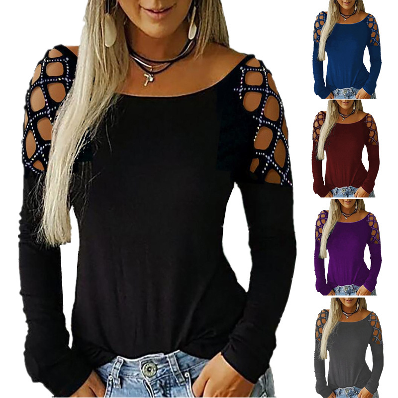 Blouse Off Shoulder - Damen Off-Shoulder Langarm T-Shirt mit Strass-Ausstanzungen,